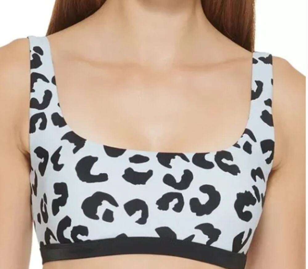 DKNY Square Neck Light Blue Leopard Print Bikini Swim Top, NWT, XL
